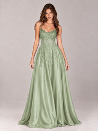 Lace Applique Satin A-Line Prom Dress with Sheer Bodice