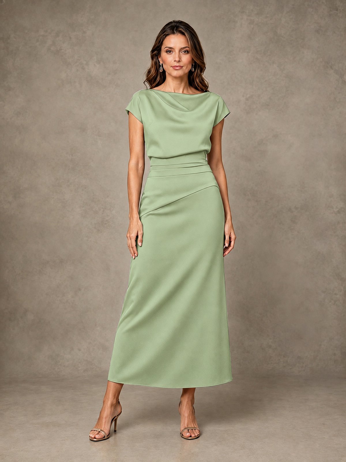 Cowl Neck Satin Mother of the Bride Dress with Ruched Waist