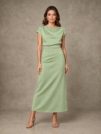 Cowl Neck Satin Mother of the Bride Dress with Ruched Waist