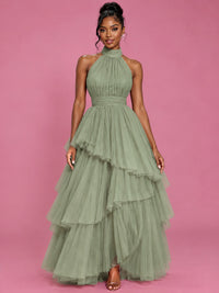 Hot Pink Tulle Halter Neck Tiered Ruffle Maxi Dress