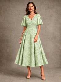 V-Neck Floral Jacquard Tea-Length Mother of the Bride Dress