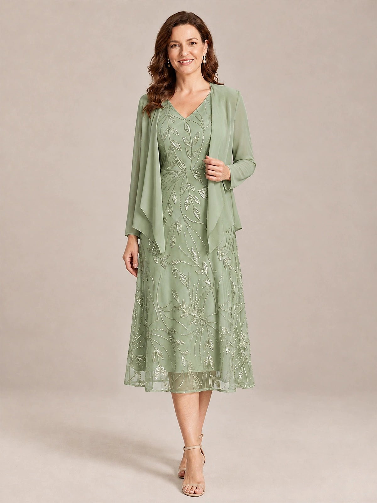 Sage Green-2 Piece Lace Appliques Chiffon Mother of The Bride Dress with Sequin