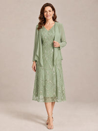 Sage Green-2 Piece Lace Appliques Chiffon Mother of The Bride Dress with Sequin