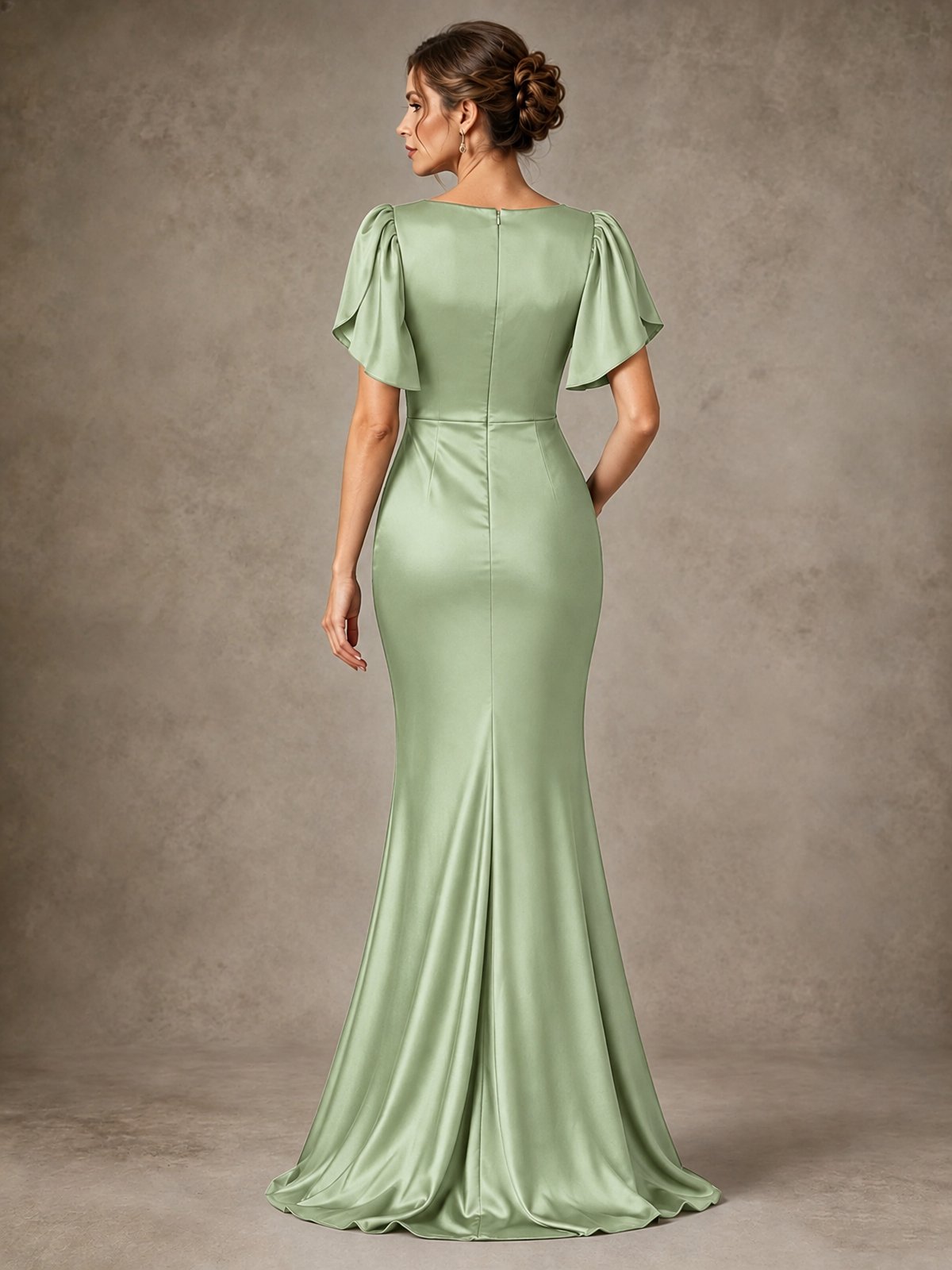 V-Neck Satin Mother of the Bride Dress with Flutter Sleeves