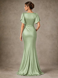 V-Neck Satin Mother of the Bride Dress with Flutter Sleeves
