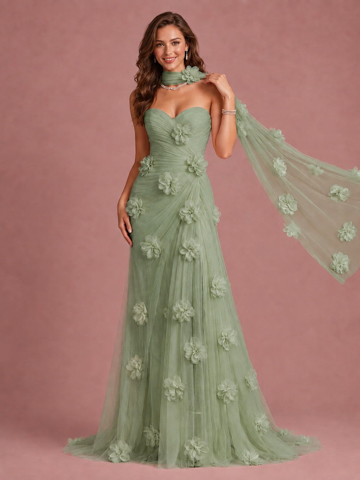 Blush Pink Strapless Sweetheart 3D Floral Tulle Mermaid Prom Dress