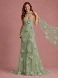 Blush Pink Strapless Sweetheart 3D Floral Tulle Mermaid Prom Dress