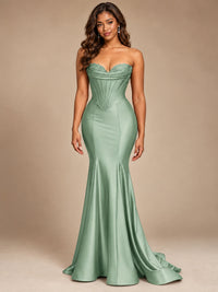 Red Strapless Satin Mermaid Prom Dress with Corset Bodice