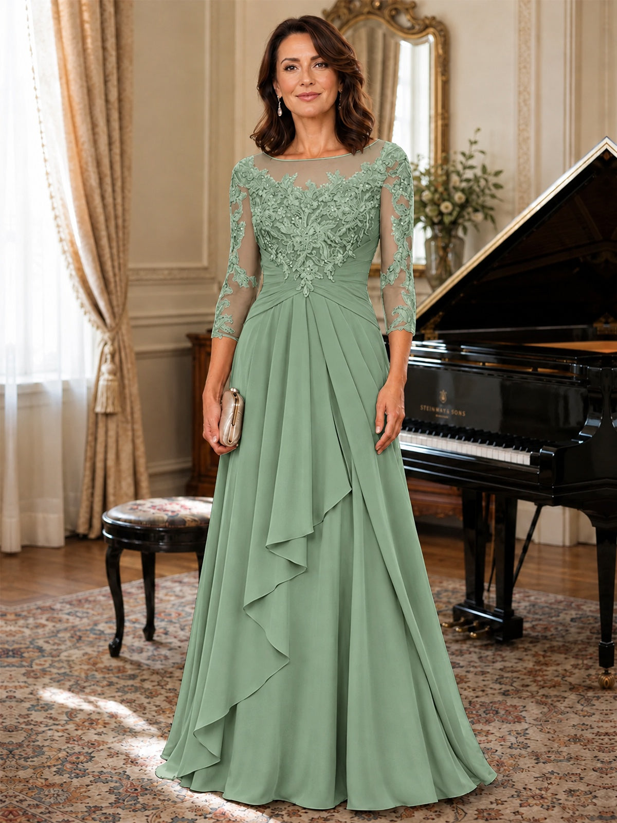 A-Line Chiffon Mother of the Bride Dress with Floral Applique 3/4 Sleeves