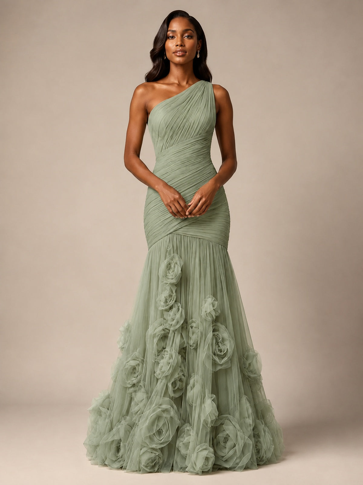Blush Pink One Shoulder 3D Floral Mermaid Prom Dress