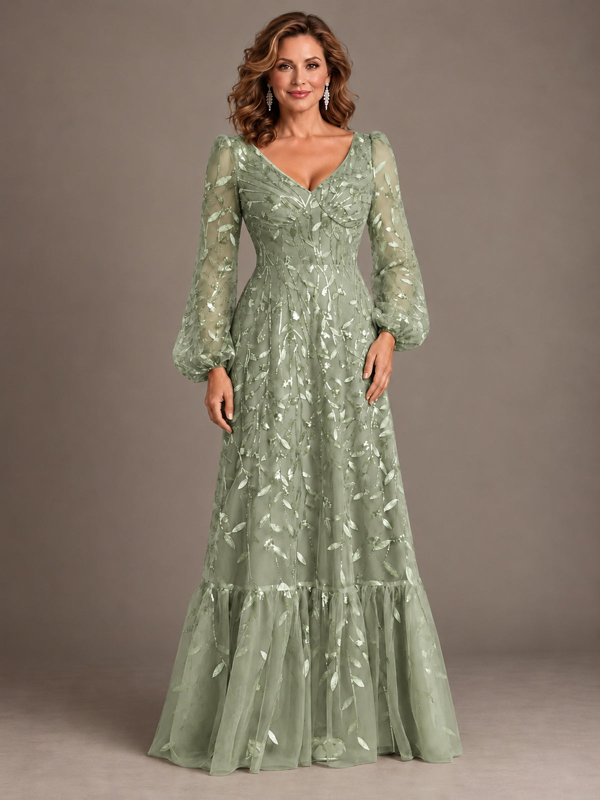 Floral Sequin Embroidered A-Line Mother of the Bride Dress with Long Sleeves