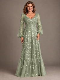 Floral Sequin Embroidered A-Line Mother of the Bride Dress with Long Sleeves