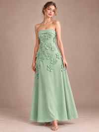 Sage Green Strapless 3D Floral Appliques Maxi Dress