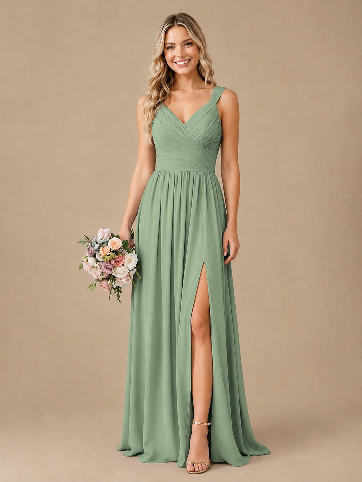 Pleated Chiffon V Neck Wedding Bridesmaid Dresses Floor Length with Slit