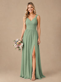 Pleated Chiffon V Neck Wedding Bridesmaid Dresses Floor Length with Slit