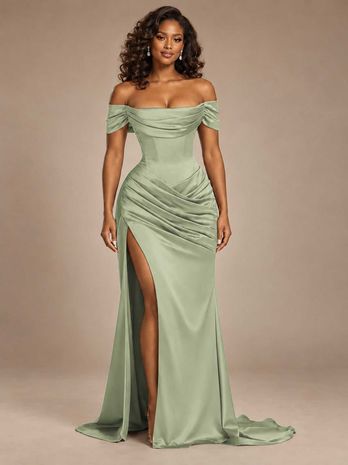 Burgundy Off-the-Shoulder Satin Corset Prom Dress with Slit