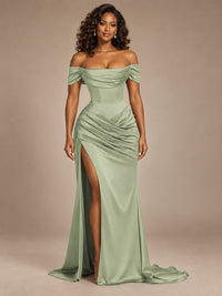 Burgundy Off-the-Shoulder Satin Corset Prom Dress with Slit