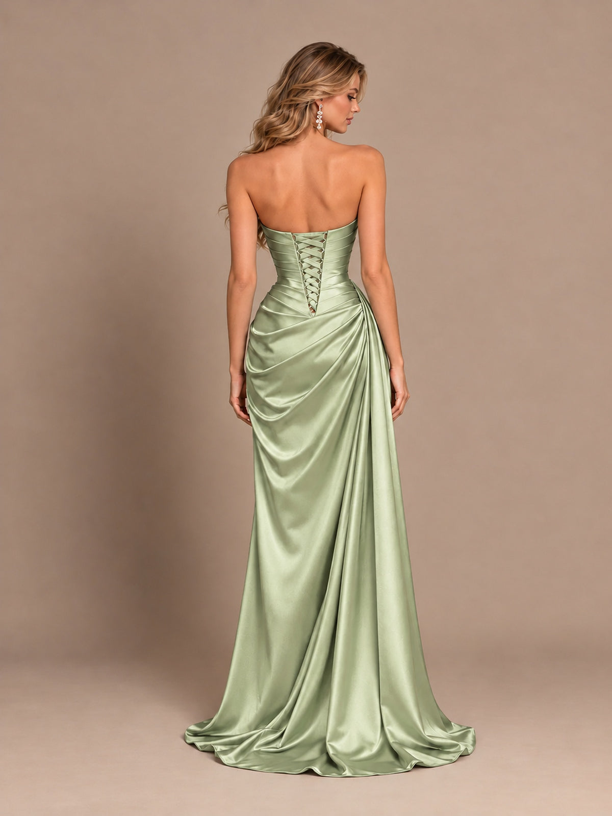 Dusty Blue Strapless Satin Prom Dress with Ruched Bodice and Slit