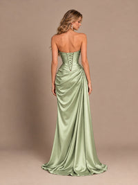 Dusty Blue Strapless Satin Prom Dress with Ruched Bodice and Slit