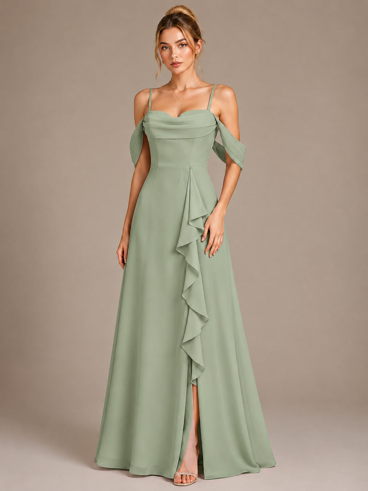 Spaghetti Strap Chiffon Bridesmaid Dress with Ruffles Slit