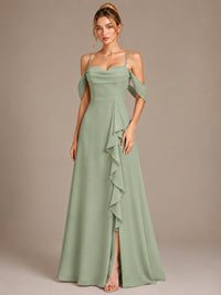 Spaghetti Strap Chiffon Bridesmaid Dress with Ruffles Slit