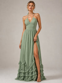 Halter V Neck Chiffon Formal Dress with Lace-Up Back and Ruffle Hem