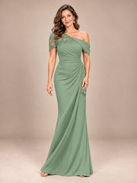 Sage Green-Lace One Shoulder Chiffon Ruched Mother of The Bride Dresses