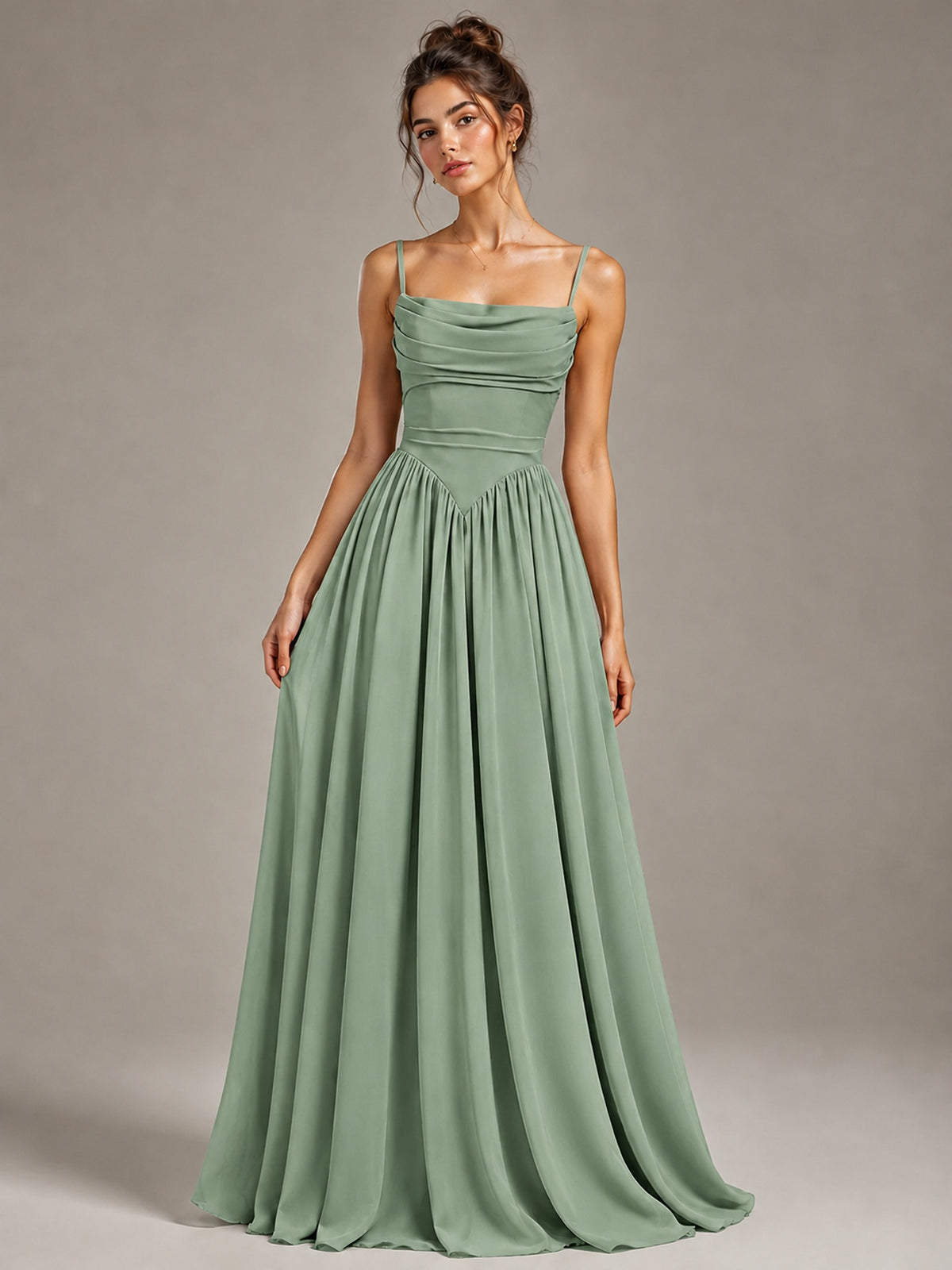 Spaghetti Strap Ruched Chiffon Maxi Dress with Backless