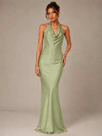 Olive Green Halter Satin Mermaid Maxi Dress