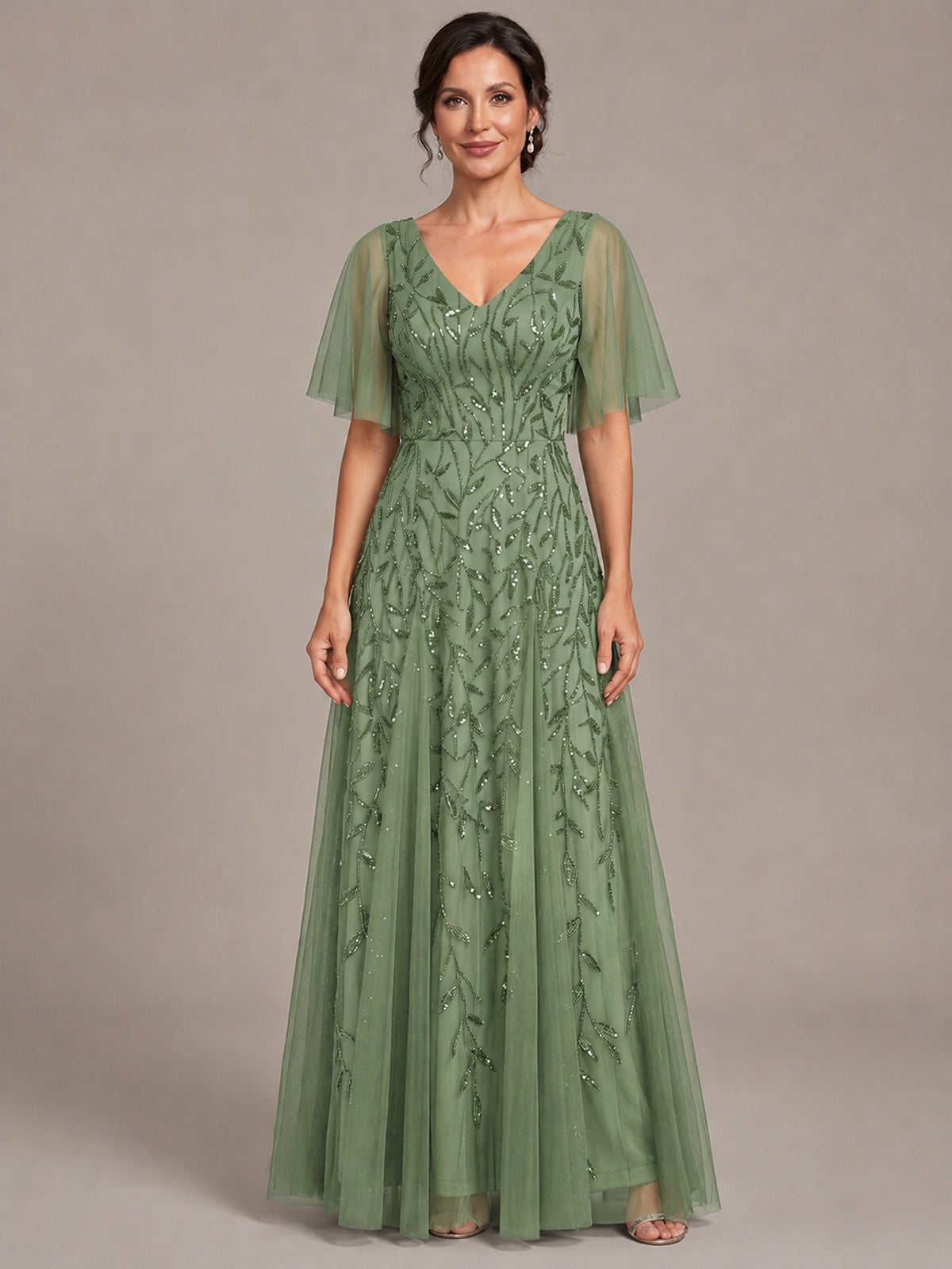 Sage Green V-Neck Sequin Tulle Mother of the Bride Dress with Flutter Sleeve A-line Evening Formal Wedding Guest Dress