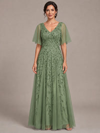 Sage Green V-Neck Sequin Tulle Mother of the Bride Dress with Flutter Sleeve A-line Evening Formal Wedding Guest Dress