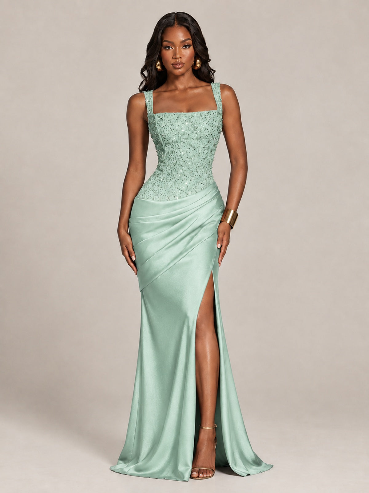 Scoop Neck Sequin Prom Dress with High Slit Satin Formal Gowns
