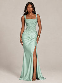 Scoop Neck Sequin Prom Dress with High Slit Satin Formal Gowns