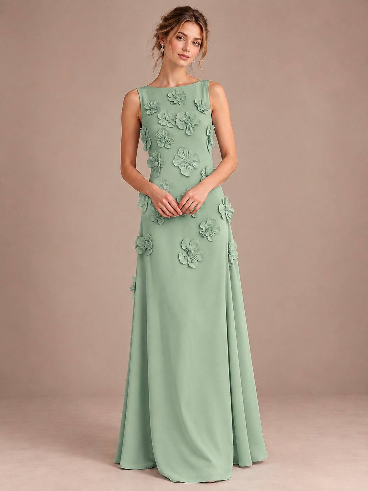 3D Floral Applique Sleeveless Formal Maxi Dress
