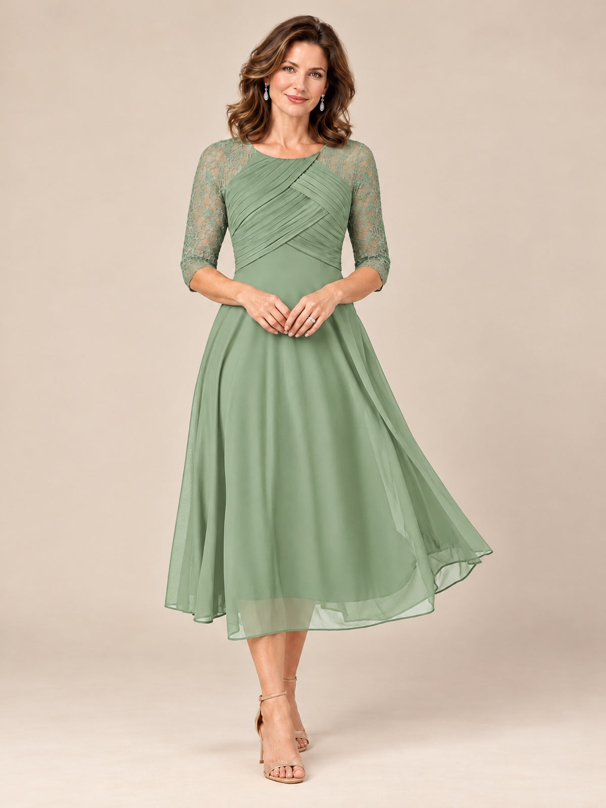 Sage Green-Lace Applique Pleated Tea Length Mother of The Bride Dresses