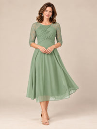 Sage Green-Lace Applique Pleated Tea Length Mother of The Bride Dresses