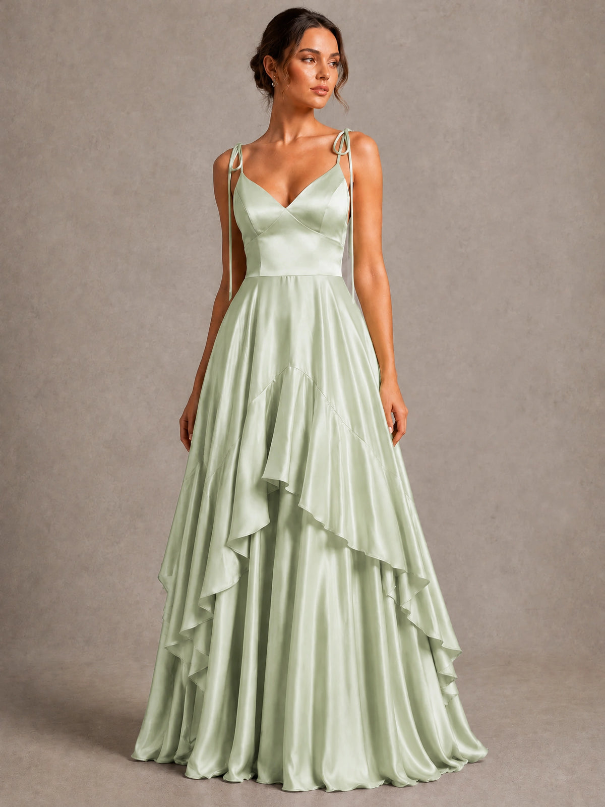 Lavender Satin V-Neck Ruffle Maxi Dress