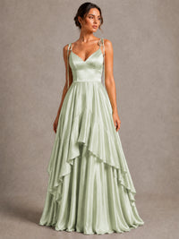 Lavender Satin V-Neck Ruffle Maxi Dress
