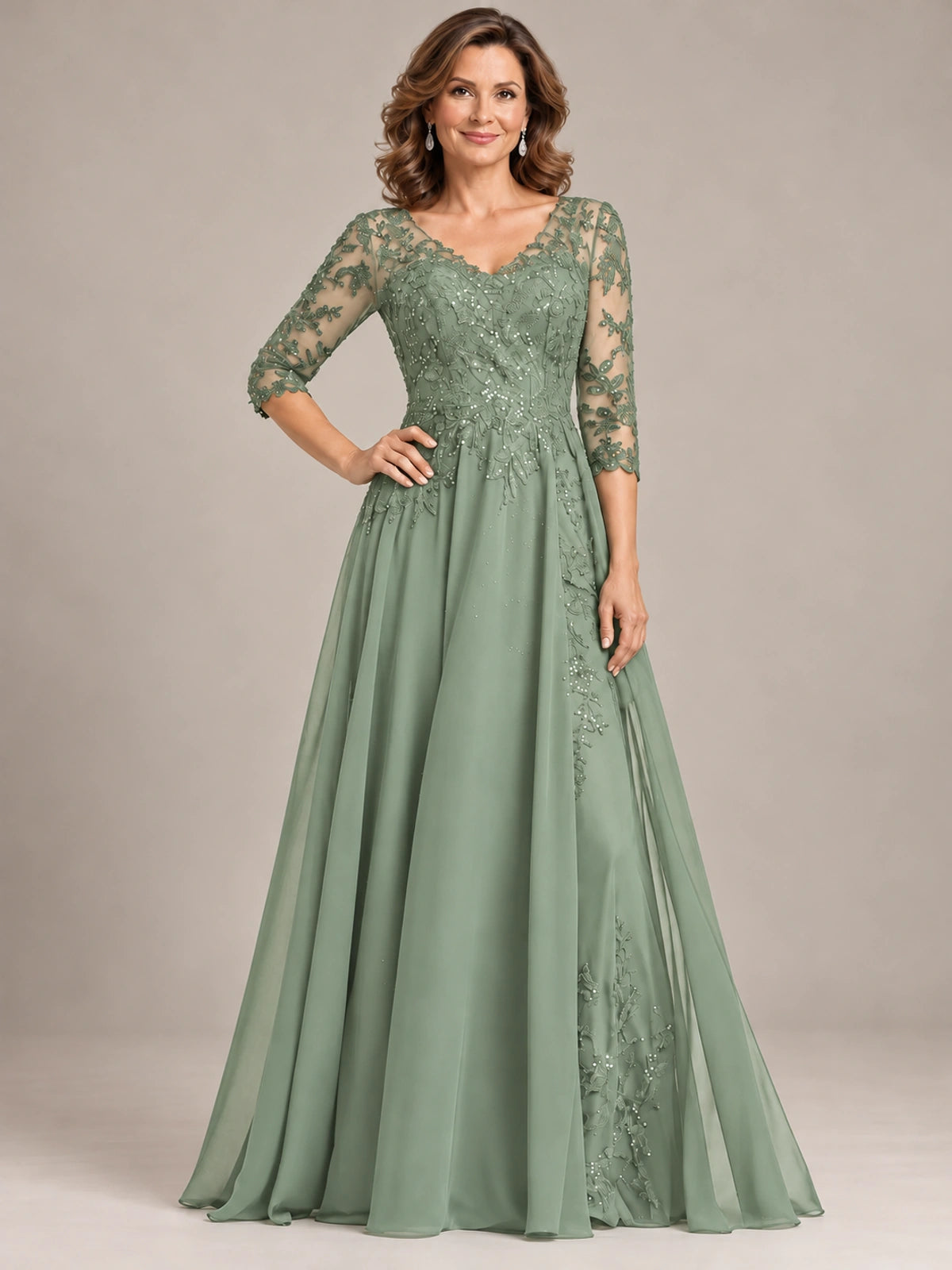 Sequin Lace A-Line Mother of the Bride Dress with 3/4 Sleeves