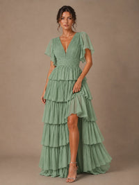Chiffon V-Neck Tiered Ruffle Bridesmaid Dress with Slit