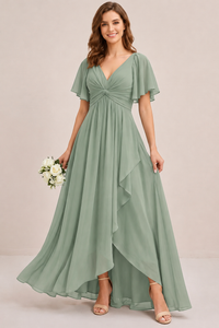 Dusty Blue Chiffon Bridesmaid Dress with Flutter Sleeves & High-Low Hem