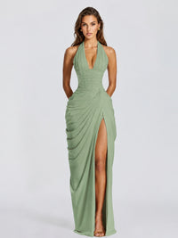 Ruched Halter Neck High-Slit Prom & Evening Dress