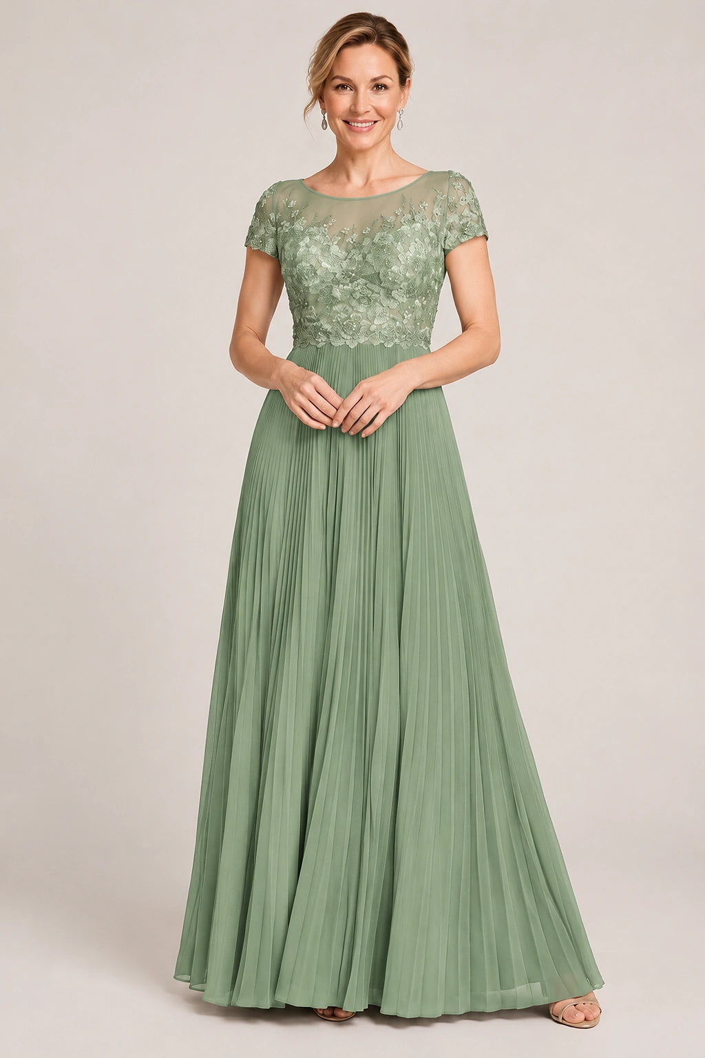 Embroidered Lace Pleated Mother of the Bride Dress