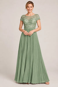 Embroidered Lace Pleated Mother of the Bride Dress