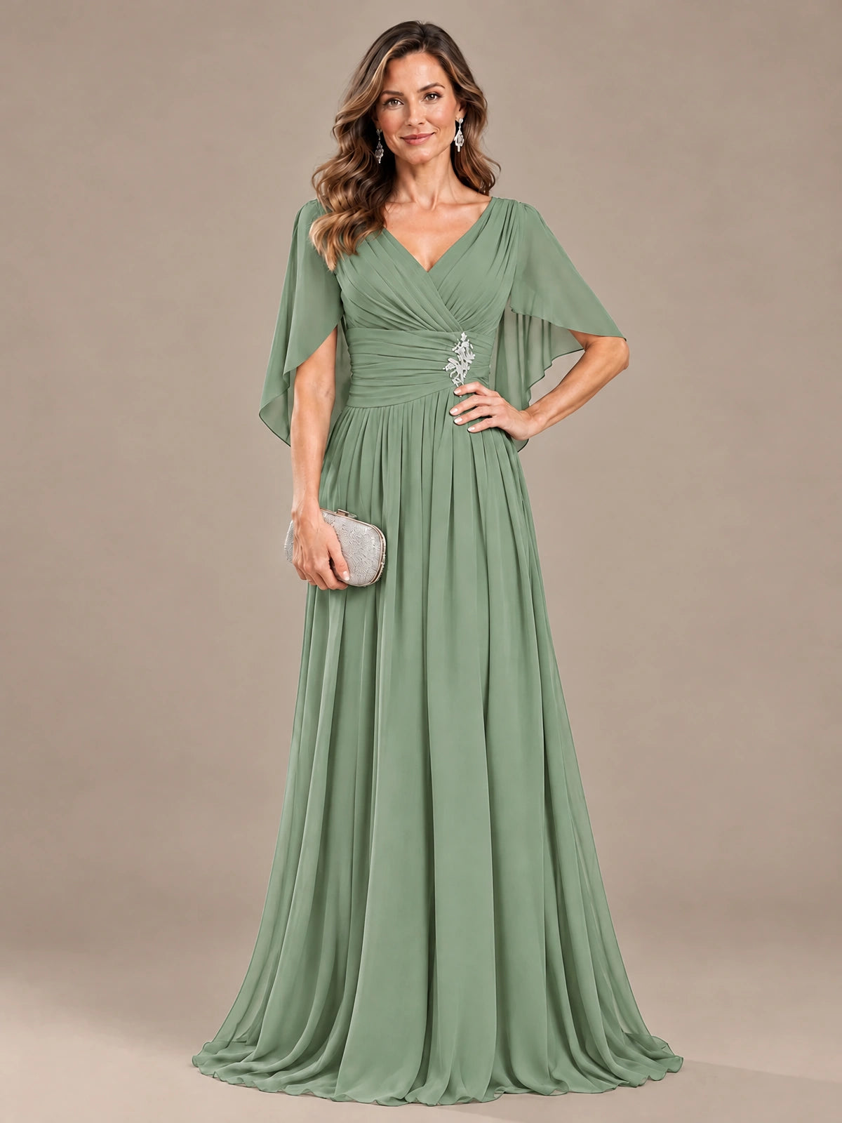Ruched V Neck Mother of The Bride Dresses with Shawls Appliques and Cap Sleeves