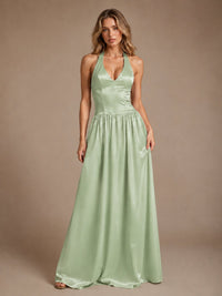 Pink V Neck Halter Satin Maxi Dress