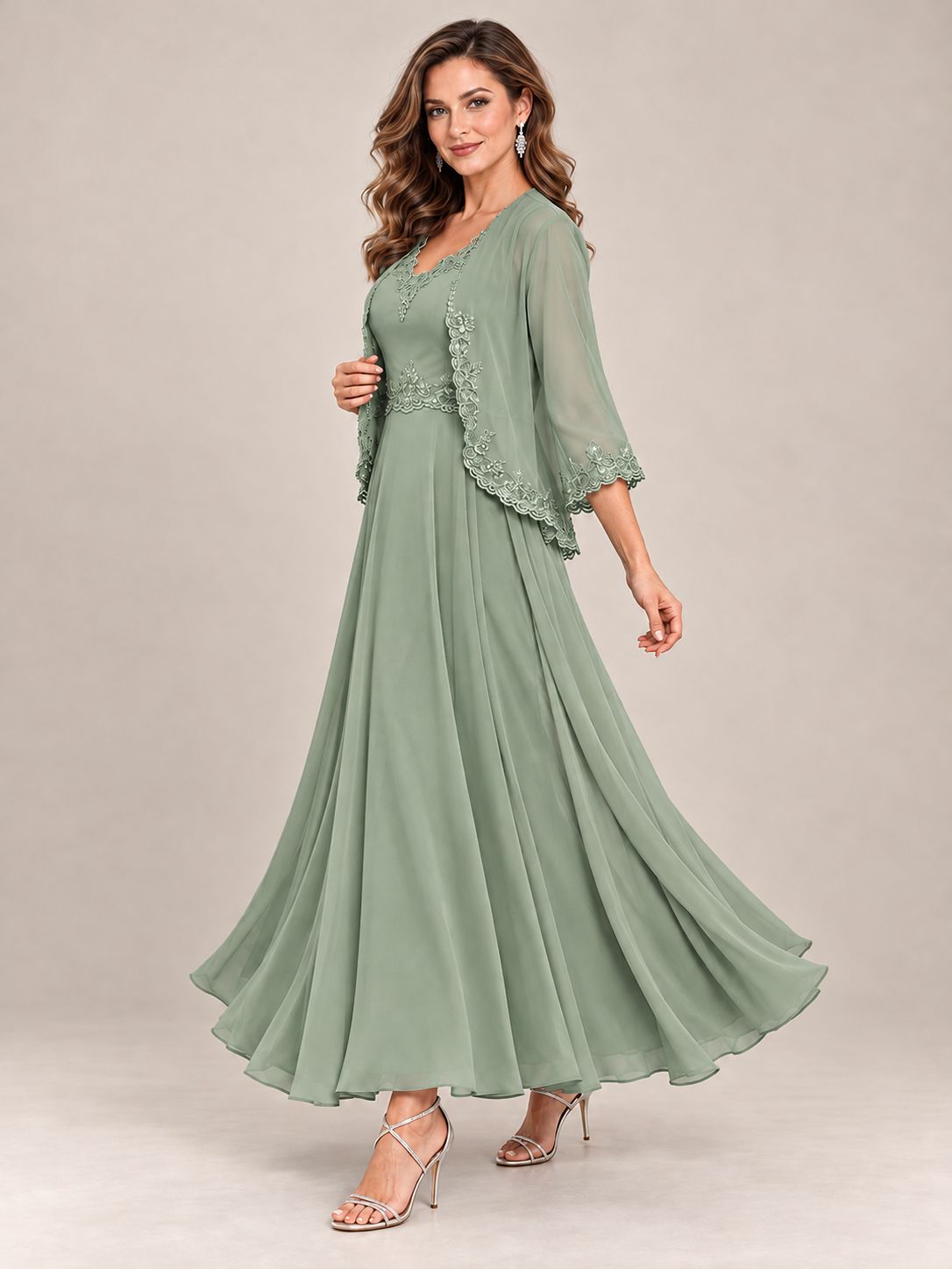 Dusty Blue Floral Lace Chiffon Mother of the Bride Dress with Jacket