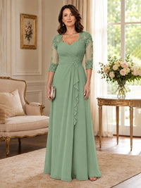 Chiffon Lace Applique Mother of the Bride Dress with 3/4 Sleeves