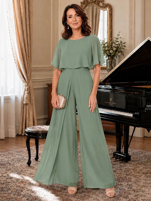 Chiffon Mother of the Bride Jumpsuit with Layered Cape Sleeves