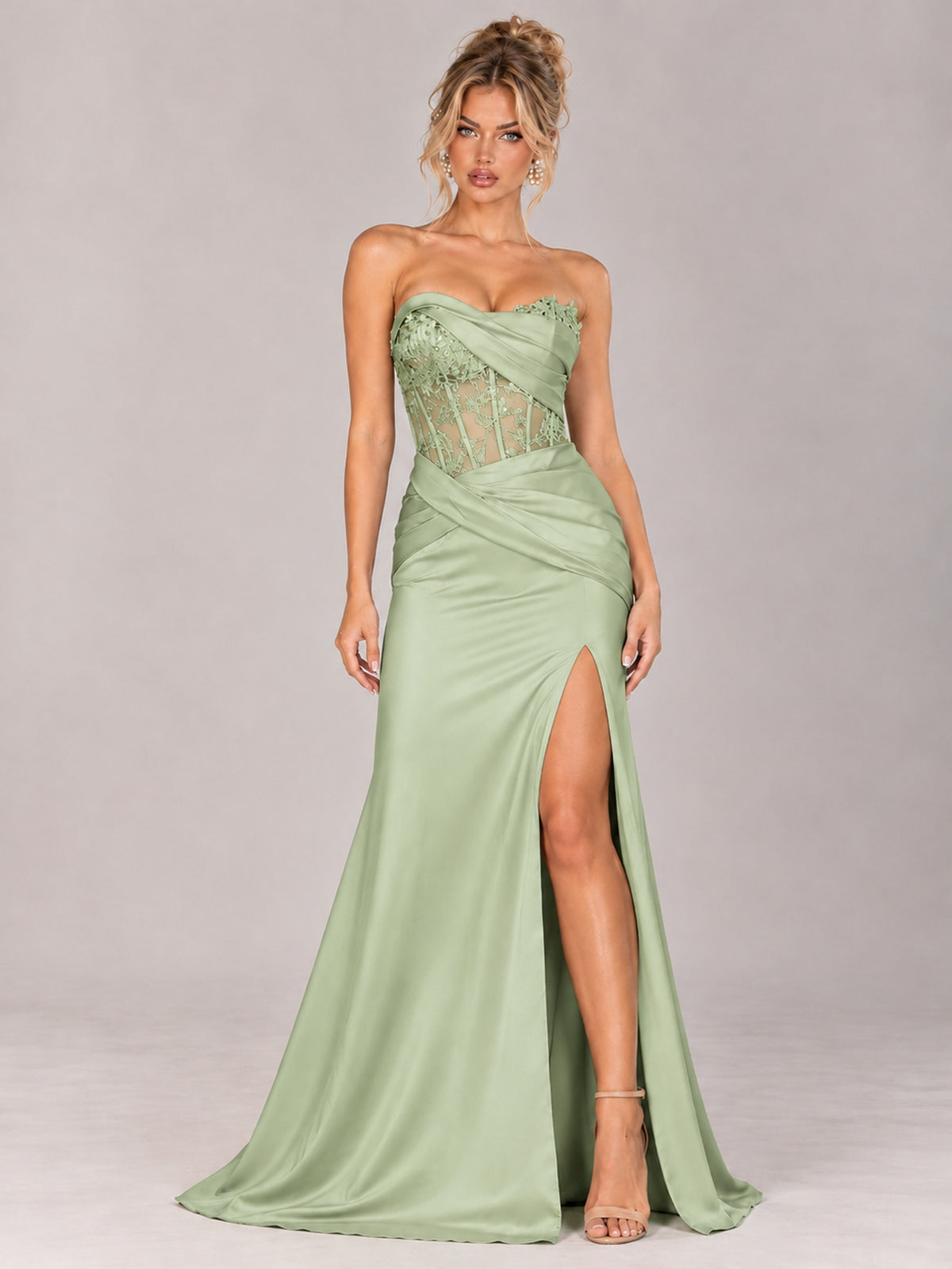 Strapless Satin Prom Dress with Sheer Lace Corset & High Slit